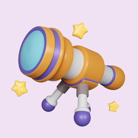 3d telescope. icon isolated on purple background. 3d rendering illustration.の写真素材