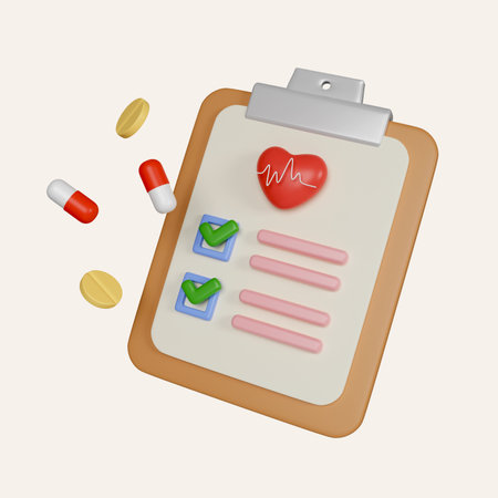 3d first aid medicine with check list for health pharmaceutical. health medical of heart emergency help. 3d pharmacy drug. icon isolated on white background. 3d rendering illustration.の写真素材