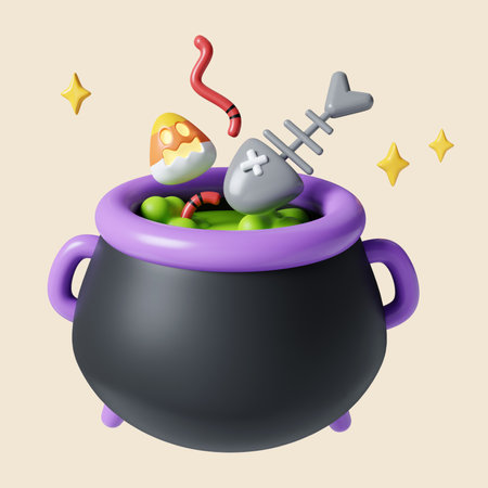 3d Halloween cauldron icon. Traditional element of decor for Halloween. icon isolated on gray background. 3d rendering illustration.の写真素材