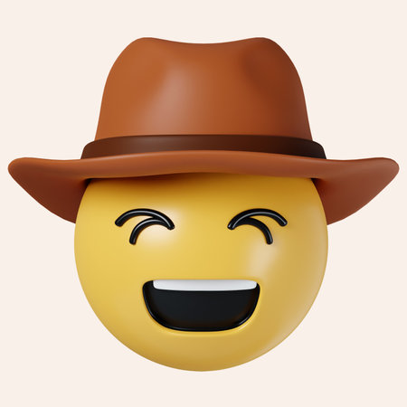 3d Cowboy hat emoji. Happy smiled emoticon with brown leather brimmed hat. icon isolated on gray background. 3d rendering illustration.の写真素材