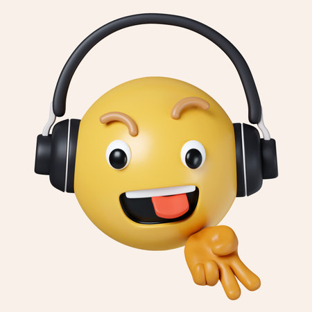 3D Emoji Emoticon Face With Headset. icon isolated on gray background. 3d rendering illustration.の写真素材