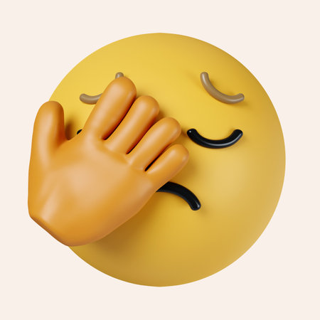 3d face palm emoticon. Sad emoticon with facepalm gesture. Shaking my head. icon isolated on gray background. 3d rendering illustration.の写真素材