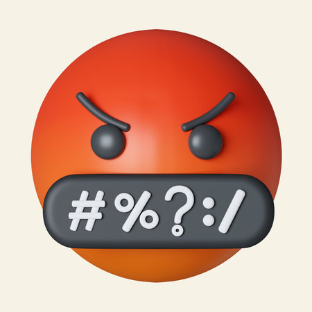 3d Angry emoji Face, emoticon Face with Symbols Over Mouth, Serious Face with Symbols Covering Mouth, red mad, Grumpy. icon isolated on gray background. 3d rendering illustration.の写真素材