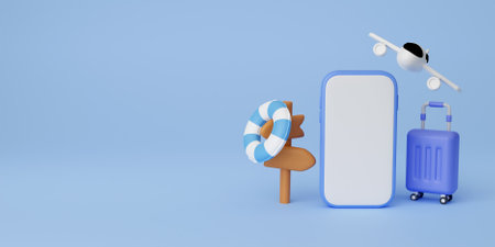3d blank phone with sign and an airplane Summer vacation concept, travel accessories on blue...