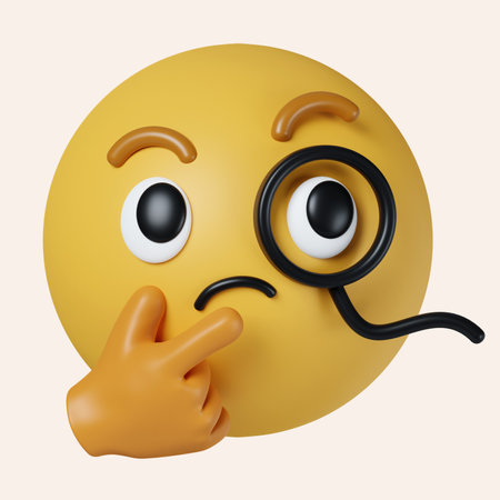 3d thinking face emoji. emoticon face with a single finger and thumb resting on the chin glancing upward. icon isolated on gray background. 3d rendering illustration.の写真素材