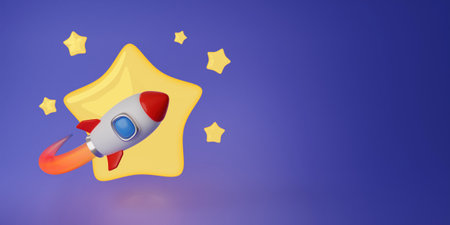 3d Rocket takes off in the starry sky - Space exploring concept. 3d design of Rocket launching on the space mission or tourism in cartoon minimal style. 3d render illustrationの写真素材