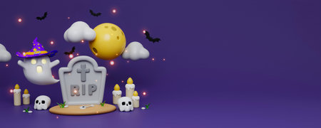 3D Spooky Halloween at graveyard. 3D Rendering cute ghost floating above pumpkin, candle, skull at spooky full moon night. Preparation for holiday. copy space. 3d render.の写真素材
