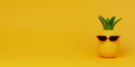 3d Summer concept with pineapple with sunglasses on yellow background . Copy space. 3d illustration banner. 3d rendering illustrationの写真素材