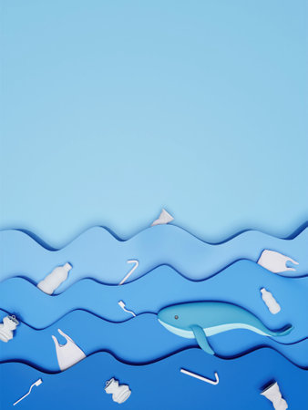 3d ocean with whale and garbage. The problem of plastic waste in the ocean. 3d rendering illustration.の写真素材