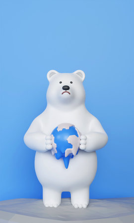 3d Baer hold melt planet. Global warming problem concept. melting polar ice problem. save the planet. 3d rendering illustration.の写真素材