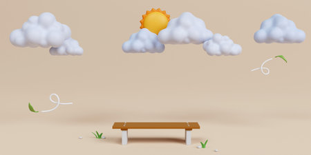 3d bench with Cloudy and sun on beige background. 3d rendering illustration.の写真素材