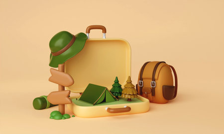 3d Campsite in nature and elements for camping, summer camp, traveling evening, trip, hiking. Concept. 3d rendering illustration.の写真素材
