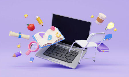 3d Laptop with school accessories on purple background. Online education concept. 3d rendering illustration.の写真素材