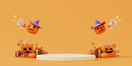 Halloween with pumpkin and empty minimal podium pedestal product display background and Halloween Elements. 3d render.の写真素材