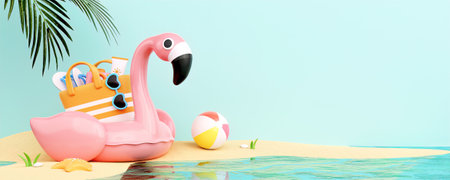 Flamingo float with sunglasses on the beach and beach accessories ready for summer vacation. Creative travel concept idea with copy space. 3d rendering illustrationの写真素材