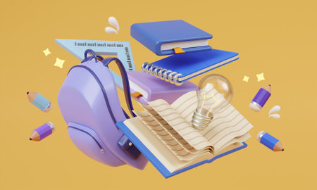 3d Concept of back to school, learning and education banners. Backpack flying with writing accessories. 3d rendering illustration.の写真素材