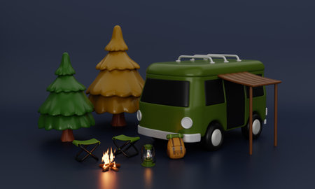 3d Night life Camping van and elements for camping, camp fire, trip, hiking. Concept. 3d rendering illustration.の写真素材