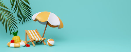 Beach Chair, Umbrella and swimming ring , Summer holiday, Time to travel concept. Creative travel...