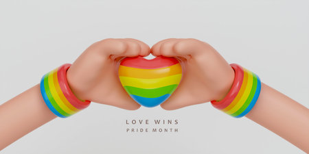 3d Pride month banner with 3d cartoon hands and heart. 3d hands hold rainbow heart. LGBT. Symbol of pride month. 3d rendering illustration.の写真素材