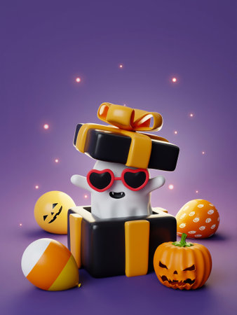 Happy Halloween Festiv. A ghost emerges from a gift box with balloon and pumpkin on purple background. Holiday Hallows Eve or Saints Eve. copy space. 3d render.の写真素材