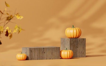 Halloween wood podium with pumpkins with maple leaf on orange background . podium pedestal product...