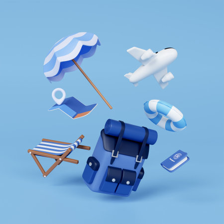 3d Traveler tourist accessories luggage suitcase umbrella map passport tickets vacation holidays trip plane map pin. travel concept. 3d rendering.の写真素材