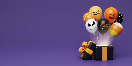 Happy Halloween Festive. Balloons from gift boxes on purple background. Halloween concept. Traditional October holiday. copy space. 3d render.の写真素材