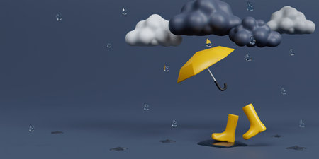 3d Yellow umbrella and rubber boots under rain cloud on dark gray background. 3d rendering illustration.の写真素材