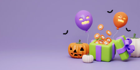 3d Halloween give box with coin, balloon, pumpkin and bat on purple background. Happy Halloween concept. Traditional october holiday. copy space. 3d render.の写真素材