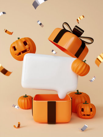 Happy Halloween Festiv. text box from a gift box with pumpkins and ribbon on purple background. Holiday Hallows Eve or Saints Eve. copy space. 3d render.の写真素材
