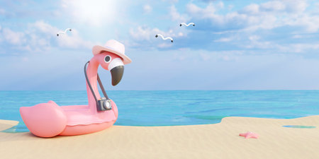 Flamingo float wearing a hat ready for summer vacation. Creative travel concept idea with copy space. 3d rendering illustrationの写真素材
