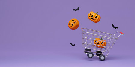 Halloween festival shopping concept. Halloween pumpkins with shopping cart on purple background with copy space.の写真素材