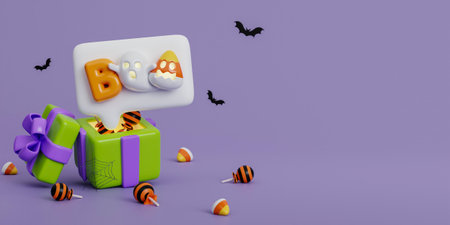 3d Halloween give box with coin, balloon, pumpkin and bat on purple background. Happy Halloween concept. Traditional october holiday. copy space. 3d render.の写真素材