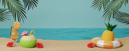 Summer beach vacation. pineapple in swimming ring with orange juice, coconut and hibiscus flower. Creative travel concept idea with copy space. illustration banner 3d rendering illustrationの写真素材