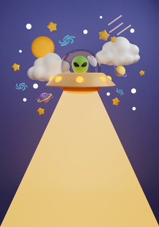 3d Creative cartoon space design with ufo alien with planets and space accessory on dark purple...