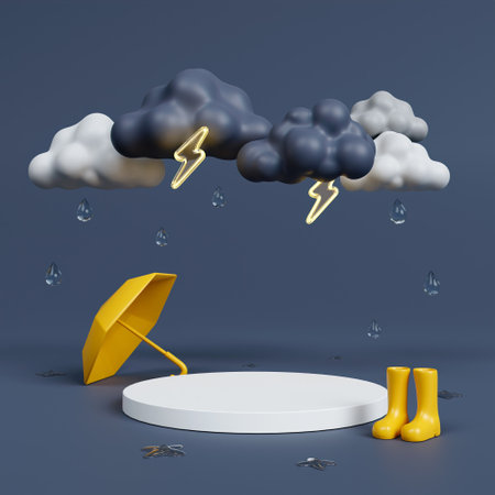 3d podium with Yellow umbrella and rubber boots under rain cloud on dark gray background. 3d rendering illustration.の写真素材