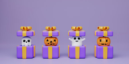 3d Happy Halloween gift. jumps from out surprise boxes on purple background with copy space. Creative Decor for poster, web banner, flyer, brochure. 3d render.の写真素材
