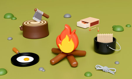 3d Cooking Campsite in nature and elements for camping, camp fire, trip, hiking. Concept. 3d rendering illustration.の写真素材