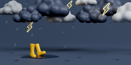 3d Yellow rubber boots under rain cloud on dark gray background. 3d rendering illustration.の写真素材