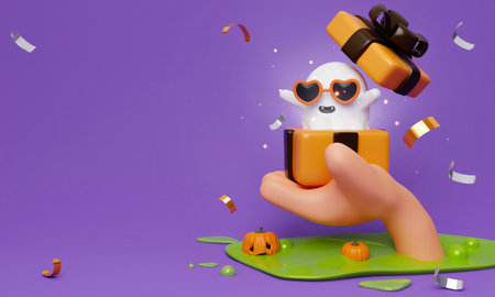 Happy Halloween Festiv. hand hold ghost emerges from a gift box with balloon and pumpkin on purple background. Holiday Hallows Eve or Saints Eve. copy space. 3d render.の写真素材