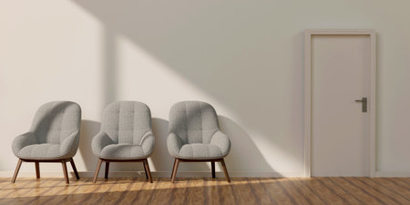 Modern waiting area with white walls, wooden floors and rows of soft gray chairs. 3D rendering simulatedの写真素材