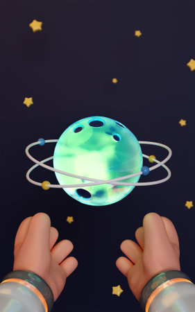 3d hands hold planet .Cosmonaut in space, exploration of outer space. stars and galaxies in background. banner, 3d render illustration.の写真素材