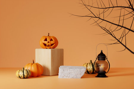 Halloween with pumpkin and empty minimal podium pedestal product display background and Halloween Elements. 3d render.の写真素材