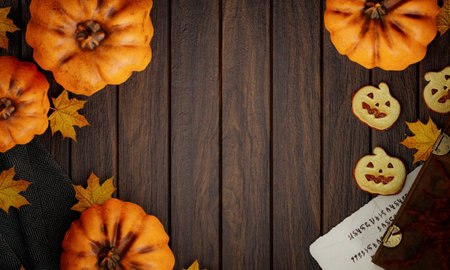 Top view Halloween concept. Decorations, pumpkins, cookies and maple leaf on wood background....