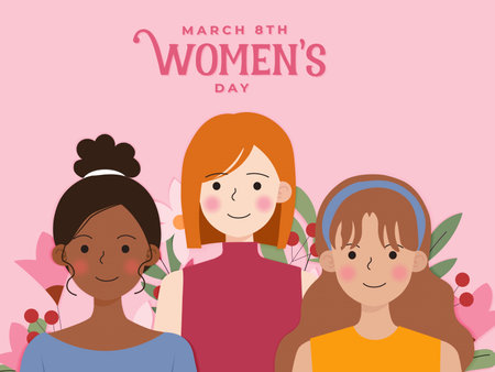 Happy women day card with women of different ethnicities and cultures stand side by side together. Strong and brave girls support each other. Sisterhood and females friendship. Vectorのイラスト素材