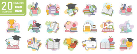 Education and Learning illustration set. back to school icons for web and mobile app. E-learning, video tutorial, knowledge, study, school, university, webinar, online education. Vector illustrationのイラスト素材