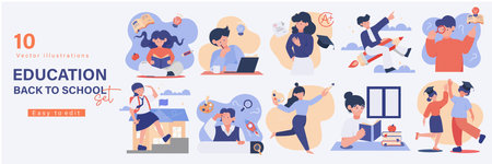 Education concept illustrations. Set of people vector illustrations in various activities of education, learning, reading book, online course and training, back to school.のイラスト素材