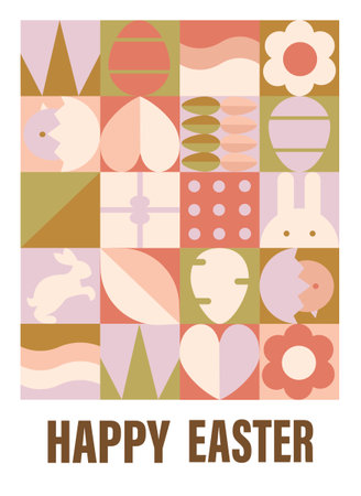 Happy Easter. Patterns. Modern geometric abstract style. Perfect for a poster, cover, or postcard, flat vector illustrationsのイラスト素材