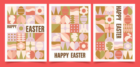 Happy Easter Patterns set. Modern geometric abstract style. Perfect for a poster, cover, or postcard, flat vector illustrationsのイラスト素材