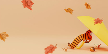 Autumn sale decoration background with scarf, umbellar, leaves, copy space text, 3D renderingの写真素材